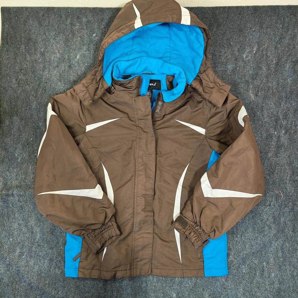 Snozu Kids Ski Jacket Brown Blue Hooded Winter Coat Size S Small